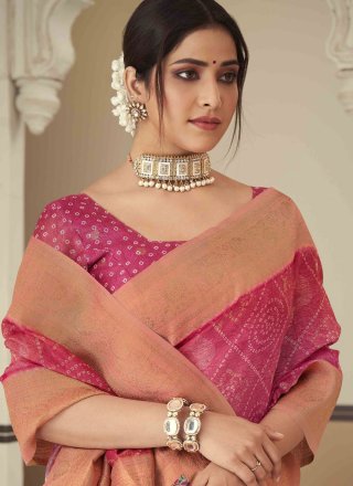 Pink Silk Bandhej and Woven Work Contemporary Sari for Women