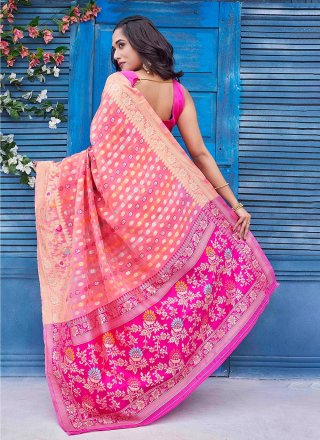 Pink Silk Blend Contemporary Sari with Jacquard and Woven Work