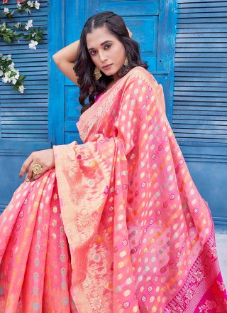 Pink Silk Blend Contemporary Sari with Jacquard and Woven Work