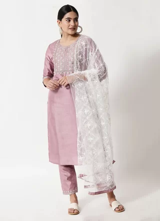 Pink Silk Blend Embroidered Work Salwar Suit for Women