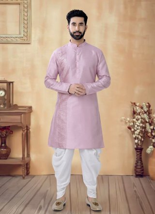 Pink Silk Buttons and Fancy Work Dhoti Kurta for Ceremonial