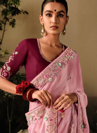 Pink Silk Classic Sari with Embroidered Work