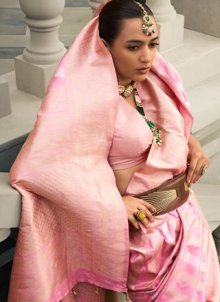 Pink Silk Contemporary Saree with Jaal and Weaving Work for Ceremonial