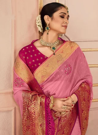 Pink Silk Contemporary Sari with Embroidered, Resham and Stone Work for Women