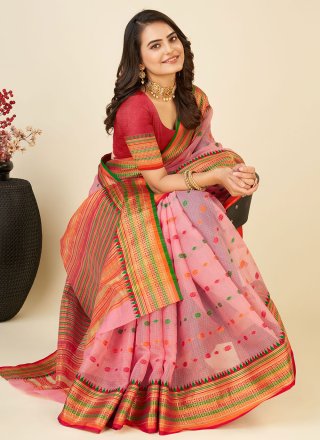 Pink Silk Contemporary Sari with Weaving Work