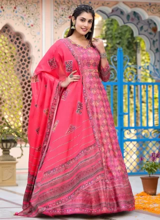Pink Silk Digital Print and Hand Work  Designer Gown for Ceremonial