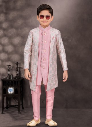 Pink Silk Digital Print and Machine Embroidery Work Sherwani Kids Wear for Engagement