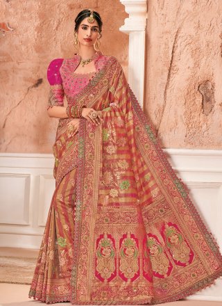 Pink Silk Embroidered and Weaving Work Contemporary Saree