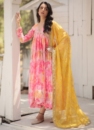 Pink Silk Gown with Digital Print Work