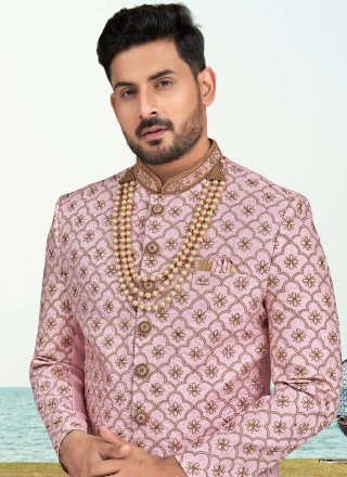 Pink Silk Machine Embroidery Work Sherwani Mens Wear