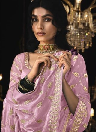 Pink Silk Patch Border and Embroidered Work Traditional Saree for Women