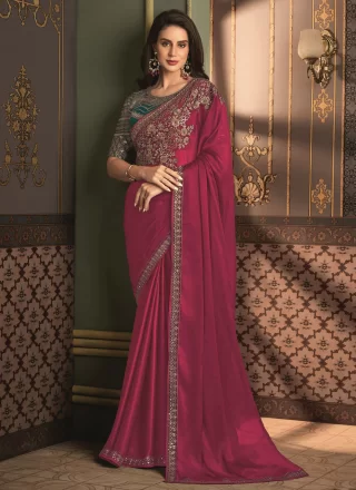 Pink Silk Patch Border and Embroidered Work Trendy Saree for Party