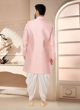 Pink Silk Patch Border and Woven Work Sherwani Mens Wear for Ceremonial