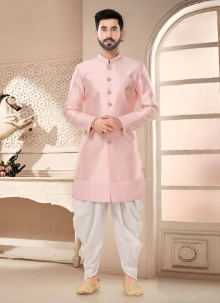 Pink Silk Patch Border and Woven Work Sherwani Mens Wear for Ceremonial