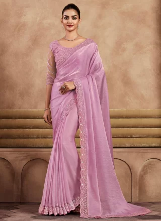 Pink Silk Patch Border, Embroidered and Sequins Work Classic Sari for Women