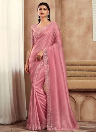 Pink Silk Patch Border, Embroidered and Sequins Work Trendy Saree for Women