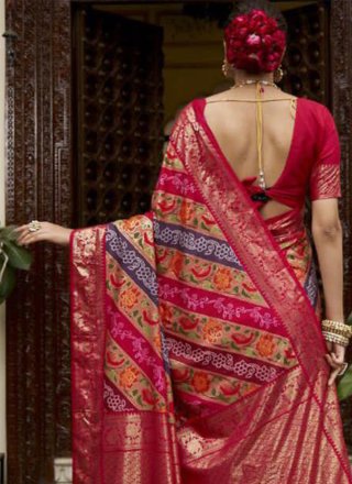 Pink Silk Print and Woven Work Contemporary Saree for Ceremonial