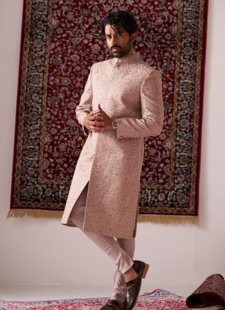 Pink Silk Sherwani Mens Wear with Embroidered Work for Men