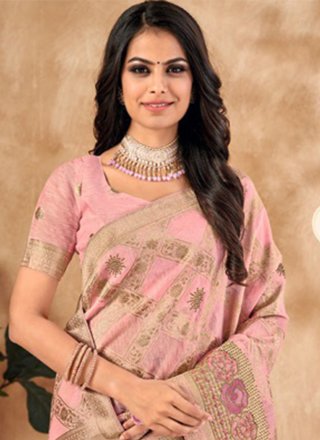 Pink Silk Trendy Saree with Embroidered, Foil Print and Stone Work