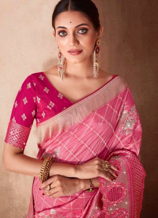 Pink Silk Trendy Saree with Patch Border and Embroidered Work for Ceremonial