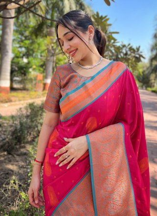 Pink Silk Woven and Zari Work Trendy Saree for Women