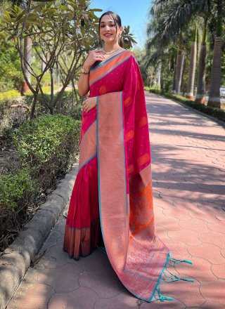 Pink Silk Woven and Zari Work Trendy Saree for Women