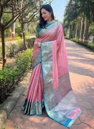 Pink Silk Woven Work Trendy Saree for Casual