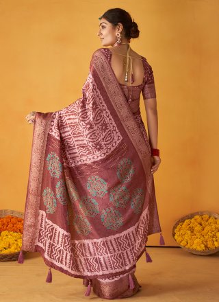 Pink Tussar Silk Contemporary Saree with Jacquard, Print and Woven Work