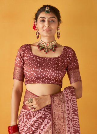Pink Tussar Silk Contemporary Saree with Jacquard, Print and Woven Work