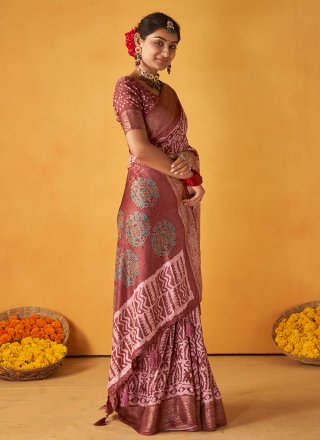 Pink Tussar Silk Contemporary Saree with Jacquard, Print and Woven Work