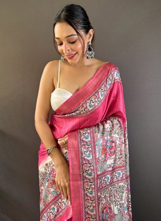 Pink Tussar Silk Digital Print Work Printed Saree for Casual
