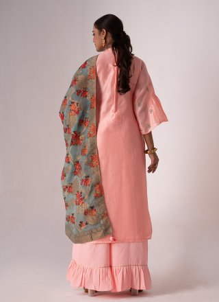 Pink Tussar Silk Embroidered, Hand and Print Work Palazzo Salwar Suit