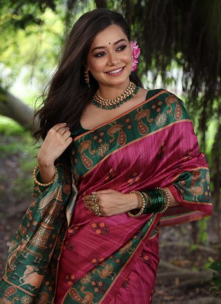 Pink Tussar Silk Patch Border and Print Work Contemporary Saree for Women