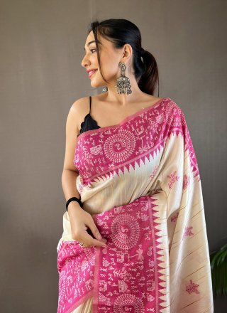 Pink Tussar Silk Print Work Classic Saree