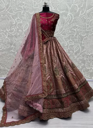 Pink Velvet A - Line Lehenga Choli with Diamond, Dori, Embroidered, Patch Border, Sequins, Thread and Zari Work for Bridal