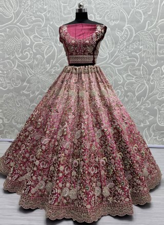 Pink Velvet A - Line Lehenga Choli with Diamond, Dori, Embroidered, Sequins, Thread and Zari Work for Women