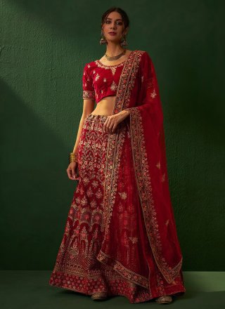 Most popular trending kids embroidery work designer RED colour lehenga  choli with less border dupatta set
