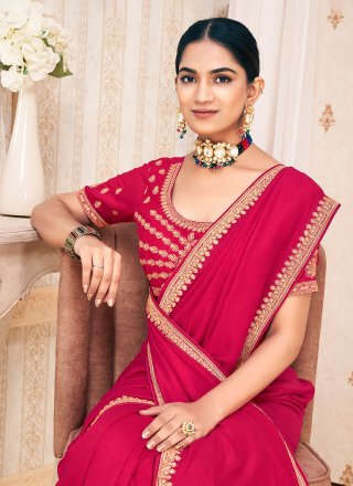 Pink Vichitra Silk Zari Work Classic Sari for Ceremonial