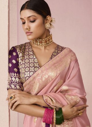Pink Viscose Designer Sari with Floral Patch and Weaving Work for Women