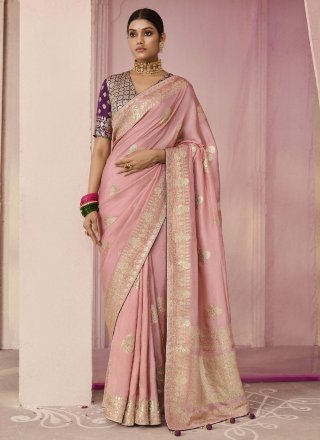 Pink Viscose Designer Sari with Floral Patch and Weaving Work for Women