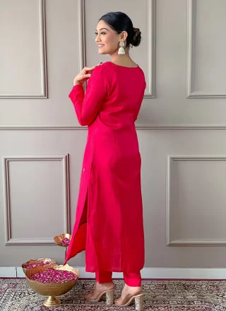 Pink Viscose Embroidered and Print Work Pant Style Suit