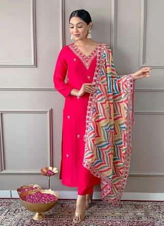 Pink Viscose Embroidered and Print Work Pant Style Suit
