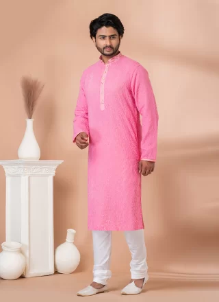 Pink Viscose Embroidered Work Kurta Pyjama for Mehndi