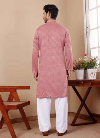 Pink Viscose Kurta Pyjama with Chikankari and Embroidered Work for Men