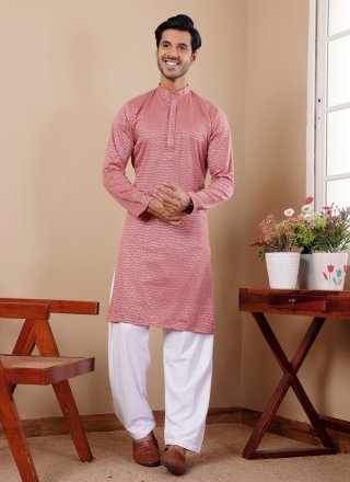 Pink Viscose Kurta Pyjama with Chikankari and Embroidered Work for Men