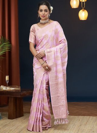 Pink Viscose Traditional Saree with Weaving Work for Women