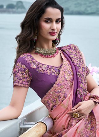Pink Viscose Trendy Saree with Embroidered, Resham, Sequins, Stone and Zari Work