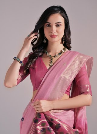 Pink Weaving and Zari Work Cotton Traditional Saree