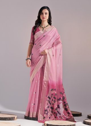 Pink Weaving and Zari Work Cotton Traditional Saree