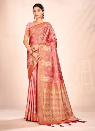 Pink Weaving Work Satin Silk Designer Sari